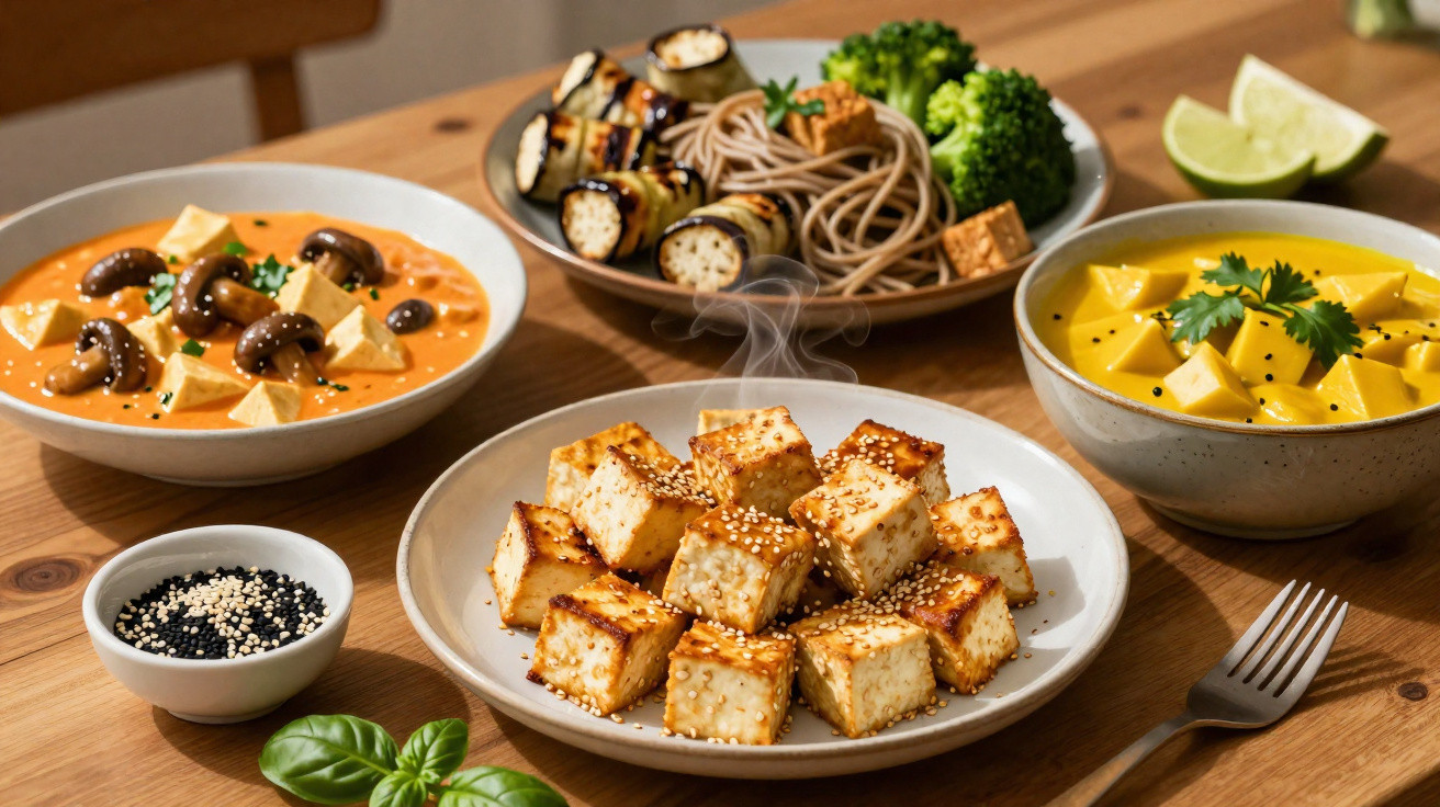 Prato com tofu grelhado polvilhado com sementes de sésamo, acompanhado por diversas tigelas de sopas e vegetais.