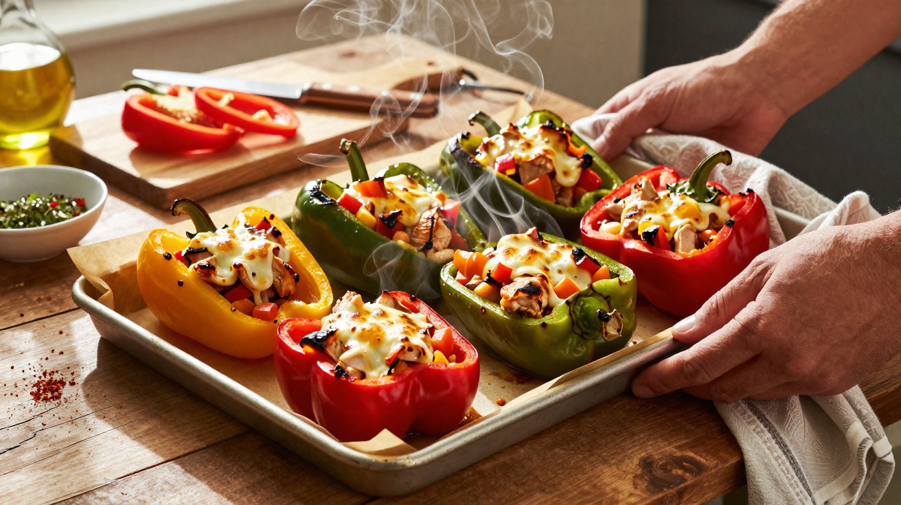 Pimentos coloridos recheados com legumes, queijo derretido e fumegantes numa tabuleiro de forno.