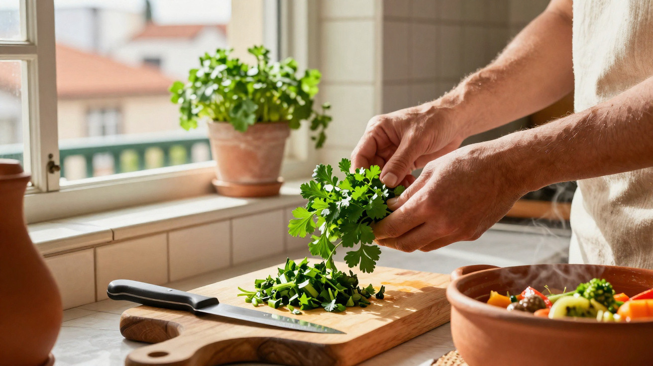 Mãos a preparar salsa fresca numa tábua de cozinha com legumes num prato ao lado junto à janela.