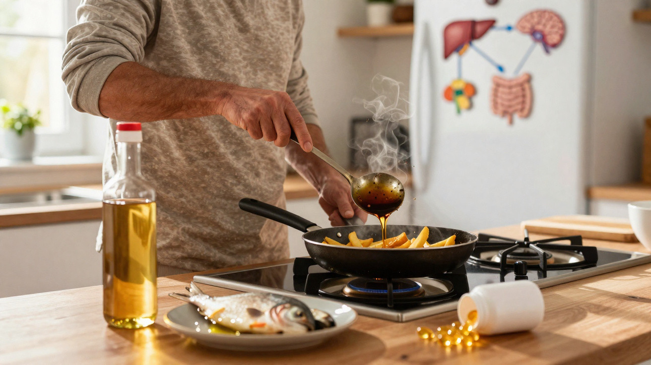 Pessoa a cozinhar batatas fritas numa frigideira num fogão de gás numa cozinha moderna.