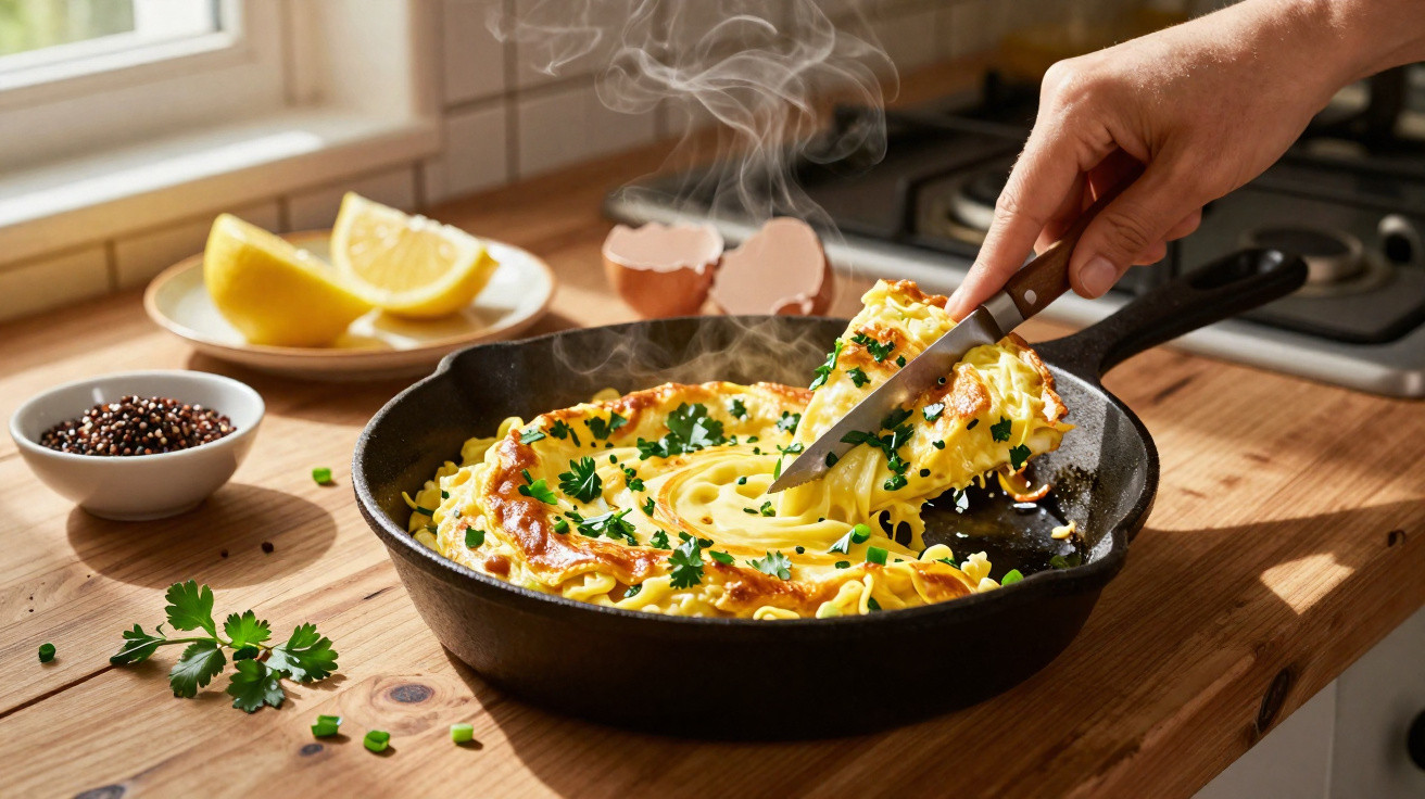 Omelete com ervas frescas a ser cortada numa frigideira sobre mesa de madeira junto a limão e especiarias.