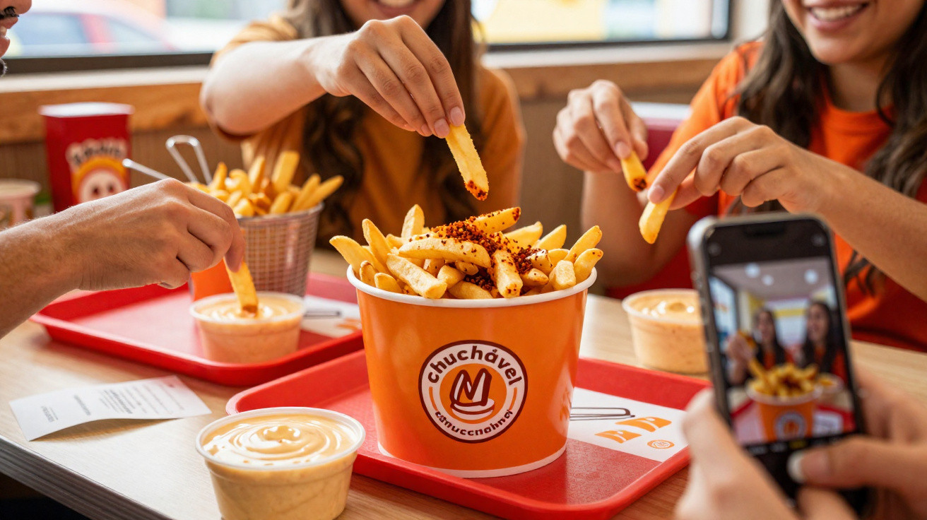Pessoas a partilhar batatas fritas com molho numa mesa de restaurante, enquanto tiram fotografias.