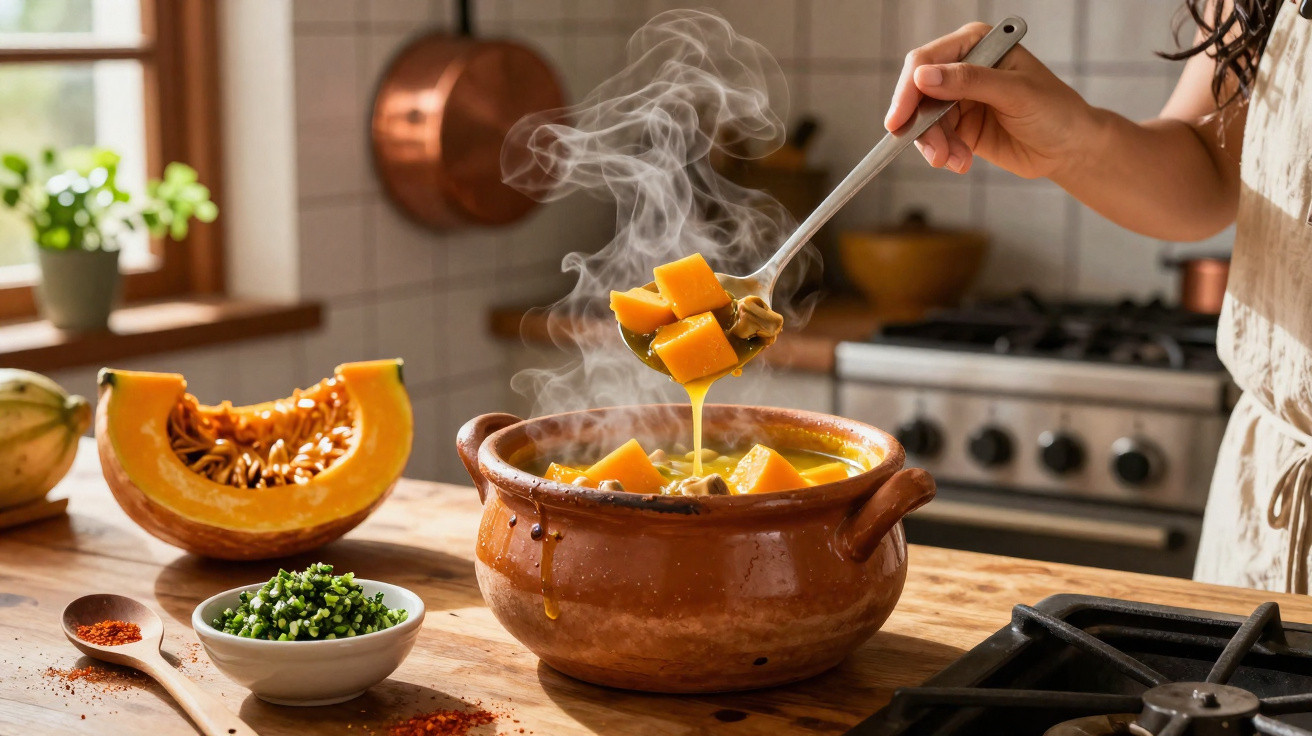 Pessoa a servir sopa quente de abóbora num tacho de barro numa cozinha rústica e iluminada.