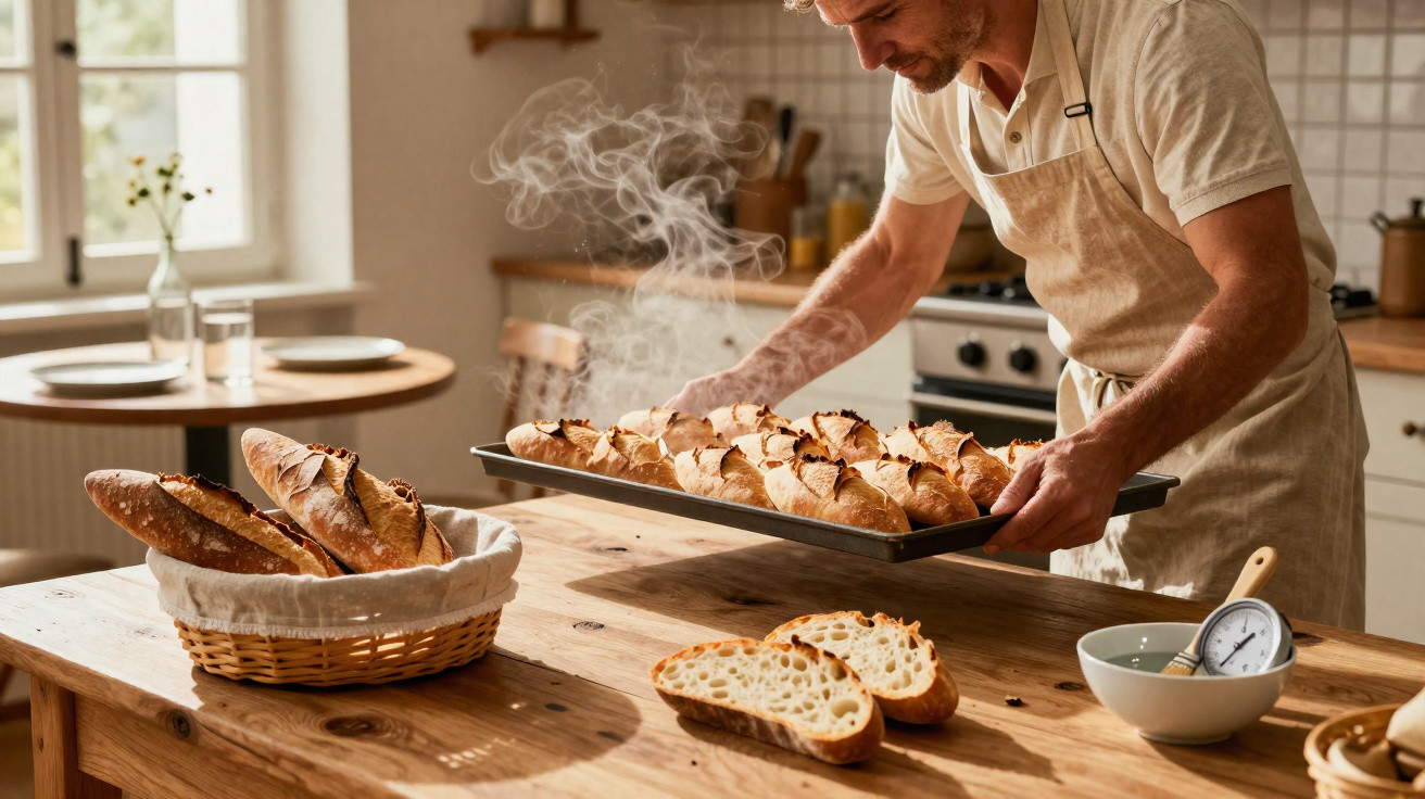 Homem a retirar pão quente e fumegante do forno numa cozinha rústica iluminada por luz natural.