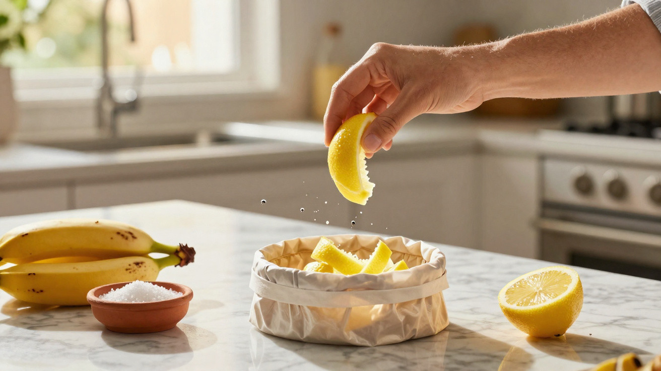 Mão a espremer cascas de limão sobre um cesto de papel numa bancada de cozinha com bananas e sal ao lado.