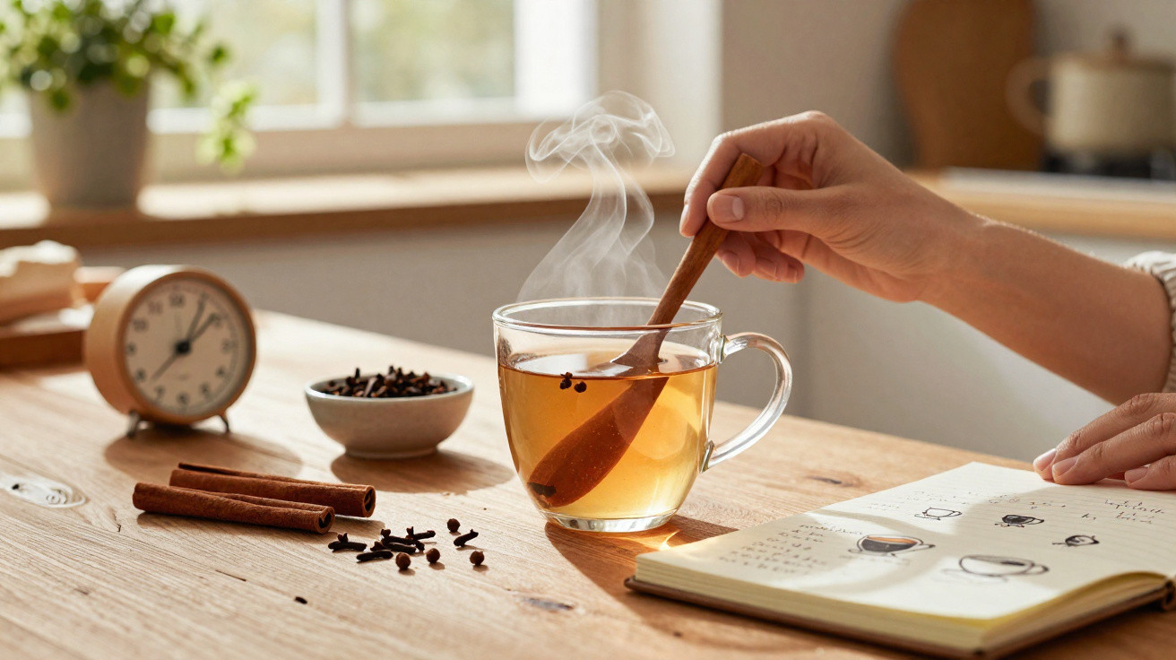 Mão mexe chá quente numa chávena transparente com pau de canela, perto de caderno, canela e cravinhos.