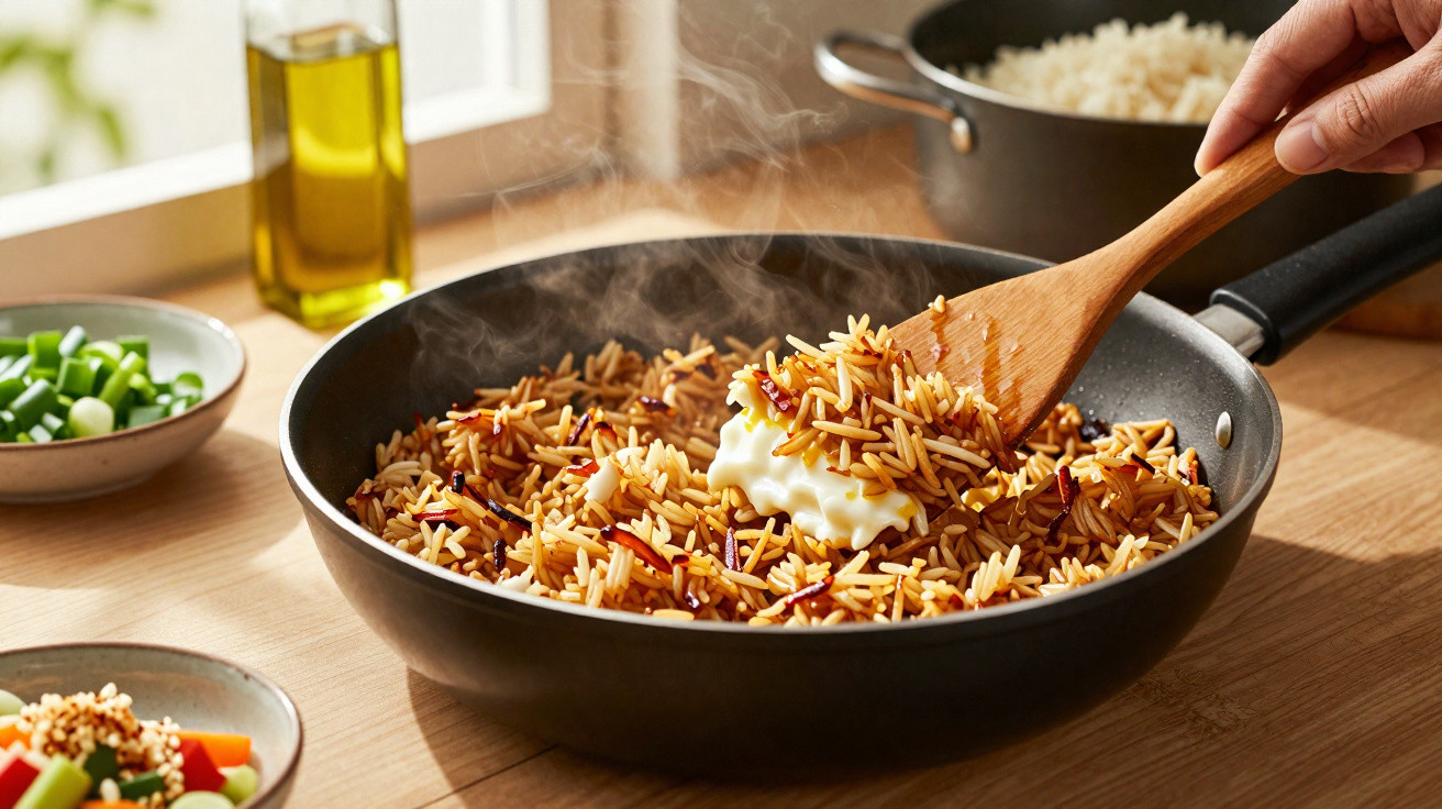 Arroz frito com legumes e molho cremoso sendo mexido numa frigideira preta.