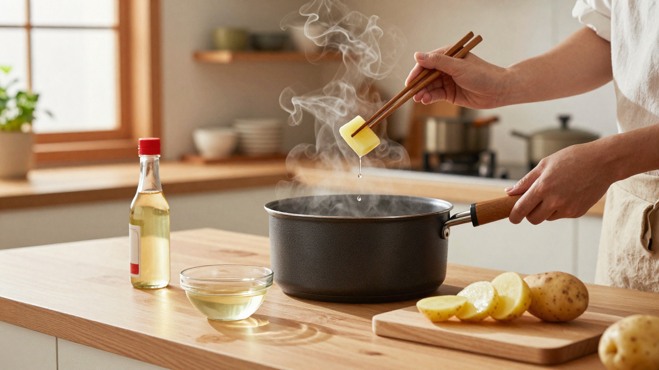 Mãos segurando pauzinhos com manteiga derretendo sobre panela a ferver numa cozinha moderna e iluminada.