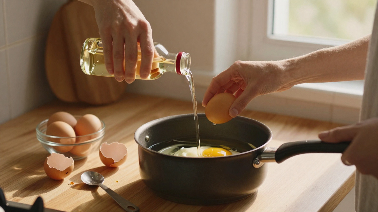 Pessoa a partir ovos e a verter óleo numa frigideira numa cozinha iluminada pela luz natural.
