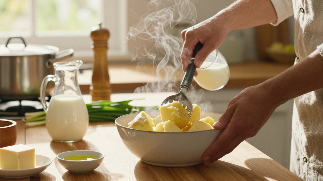 Pessoa a servir puré de batata com leite quente numa tigela, numa cozinha iluminada e acolhedora.