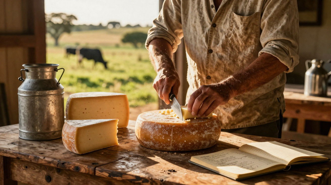 Pessoa a cortar queijo numa mesa de madeira, com vacas ao fundo num ambiente rural ao fim da tarde.