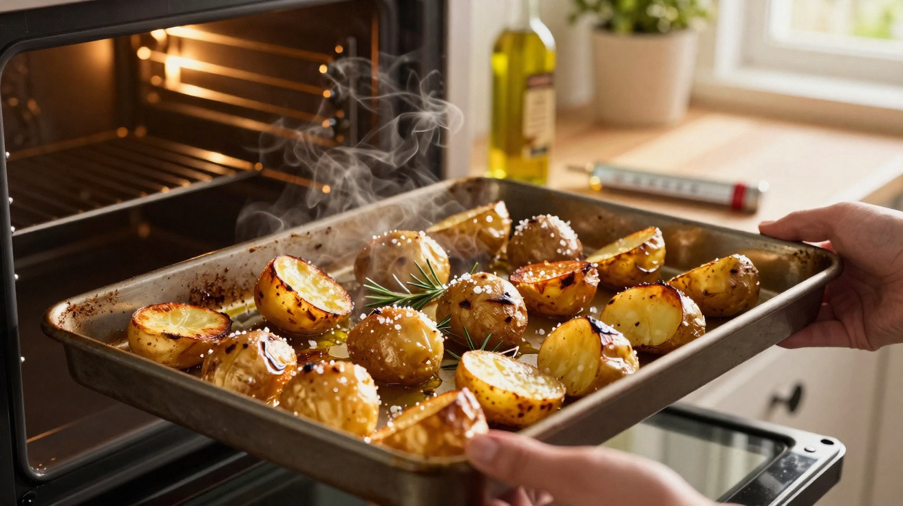 Pessoa a tirar do forno tabuleiro com batatas assadas e ervas aromáticas, ainda a fumegar.