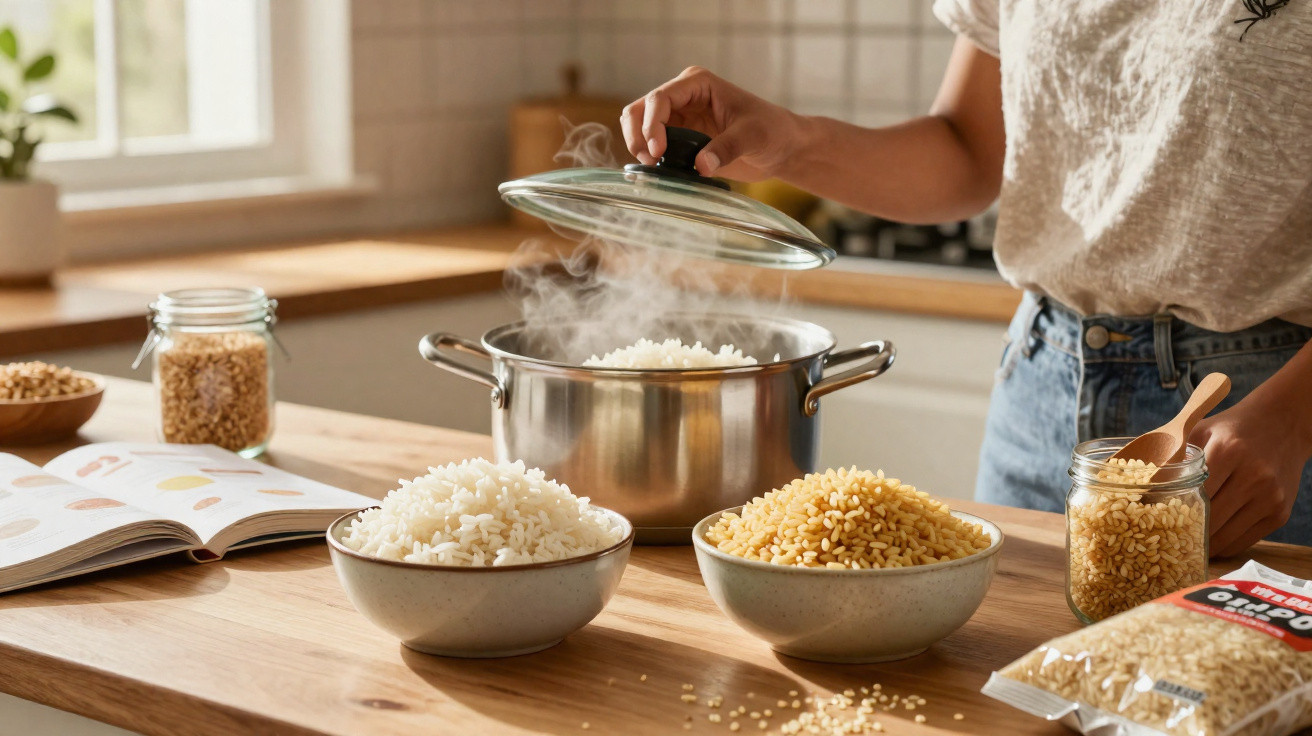 Pessoa a levantar tampa de panela com arroz a cozinhar numa cozinha com tigelas de arroz cru e cozido.