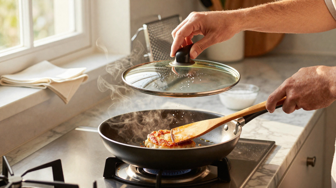 Pessoa a levantar a tampa de uma frigideira para temperar e cozinhar um pedaço de carne no fogão.