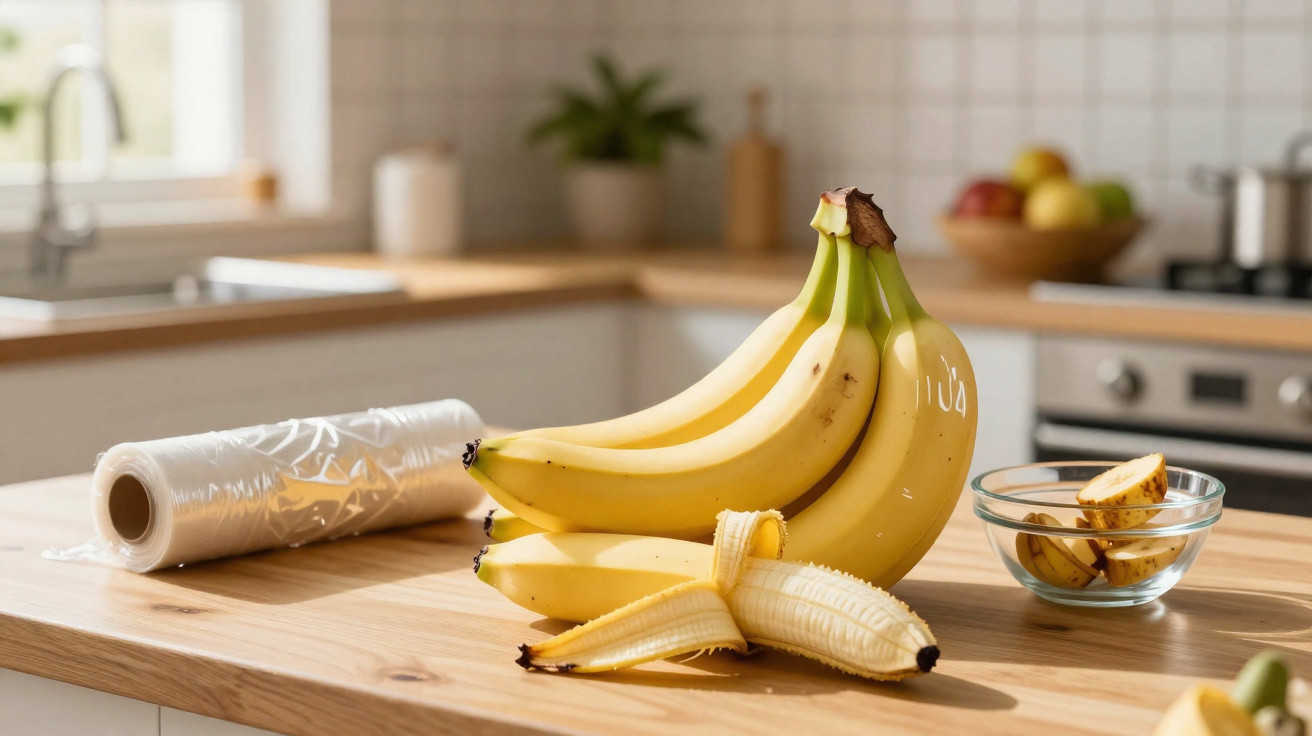 Bando de bananas amarelas com uma parcialmente descascada numa cozinha moderna com luz natural.