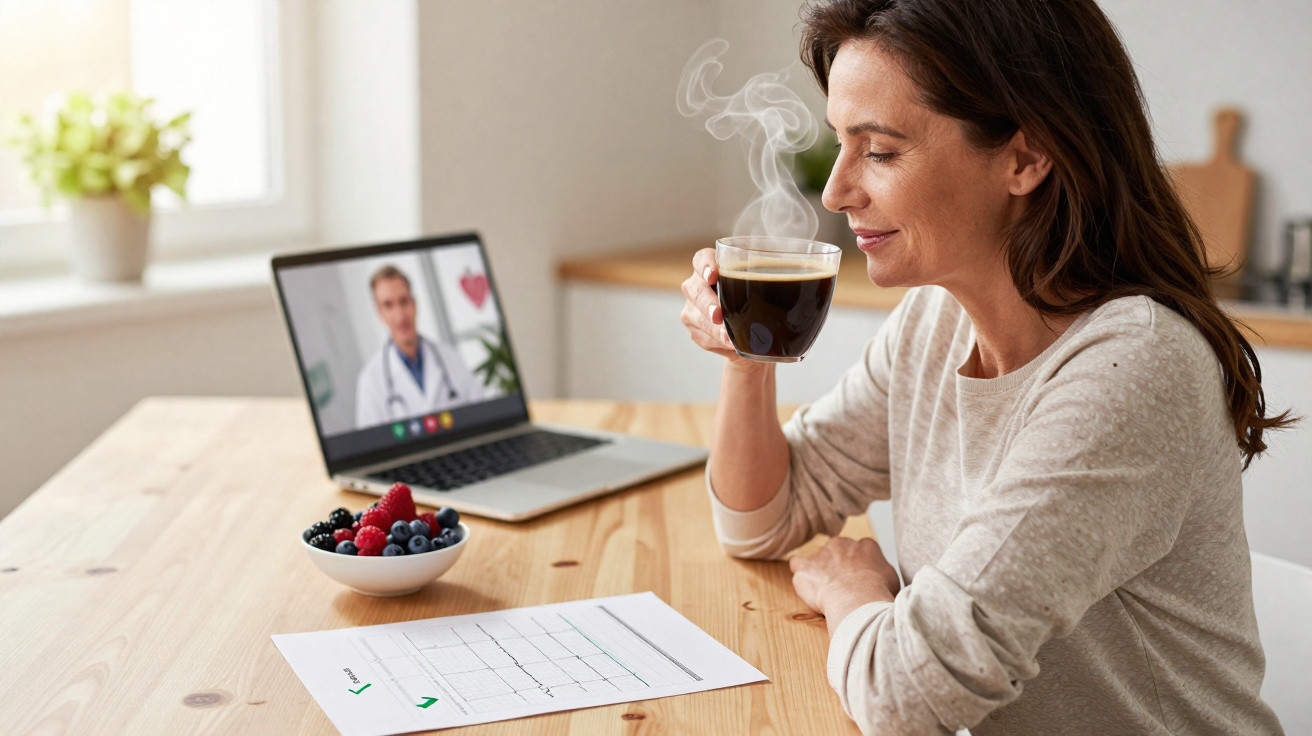 Mulher a beber café durante consulta médica online, com laptop, fruta e exame numa mesa de madeira.
