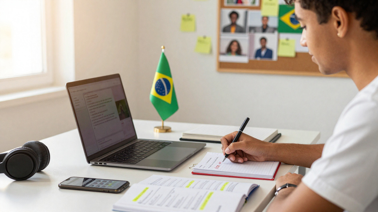 Jovem a estudar numa secretária com laptop, telemóvel, caderno, auscultadores e bandeira do Brasil.