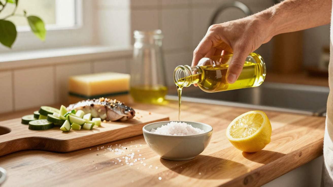 Pessoa a verter azeite numa tigela com sal, com limão, pepino e peixe numa tábua de madeira numa cozinha luminosa.