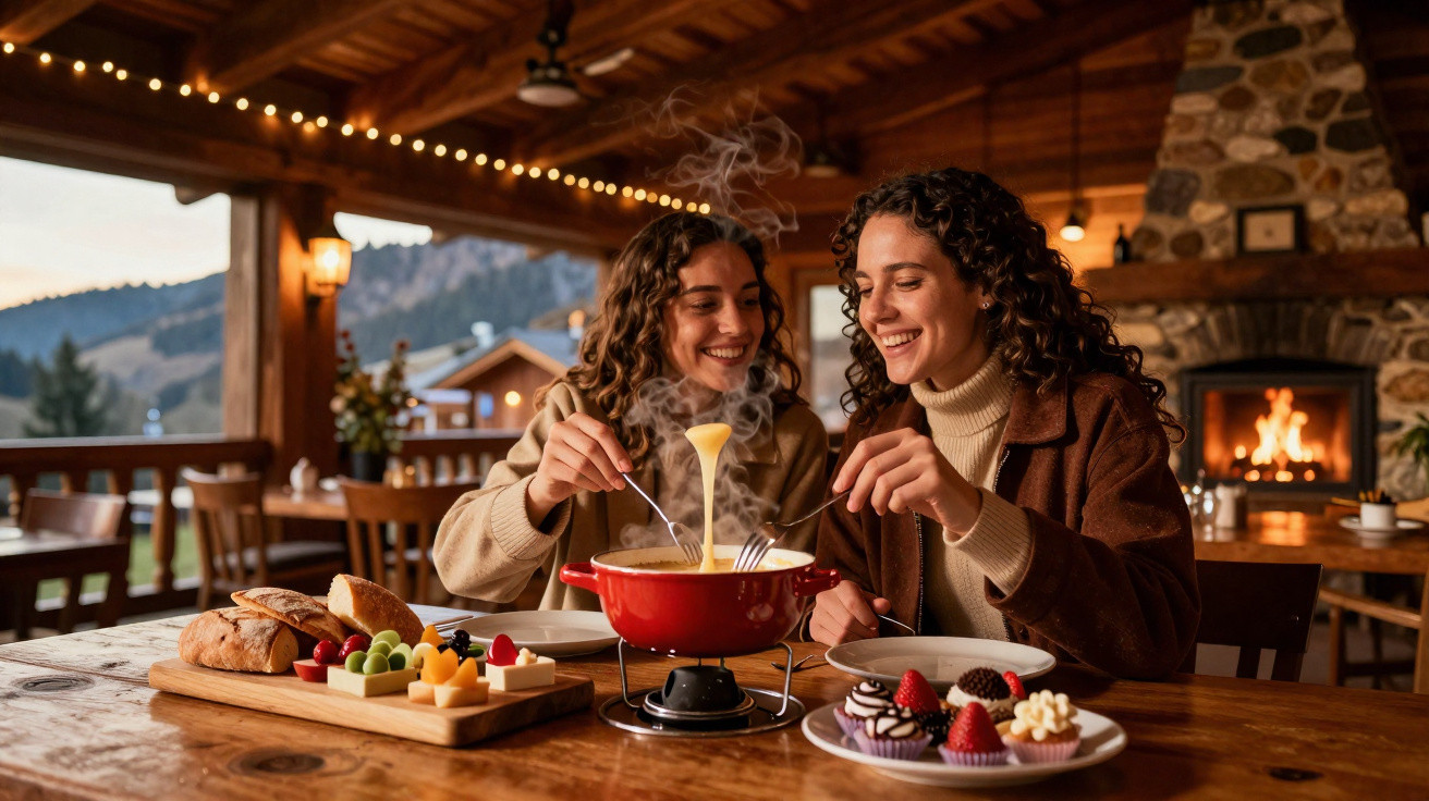 Duas mulheres felizes a comer fondue num ambiente acolhedor com lareira e vista para a montanha.