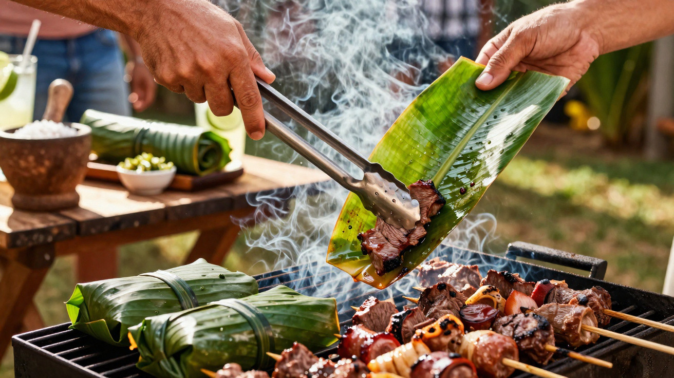 Mãos a colocar carne grelhada fumegante em folha de bananeira junto a espetadas e embrulhos verdes numa churrasqueira ao ar l