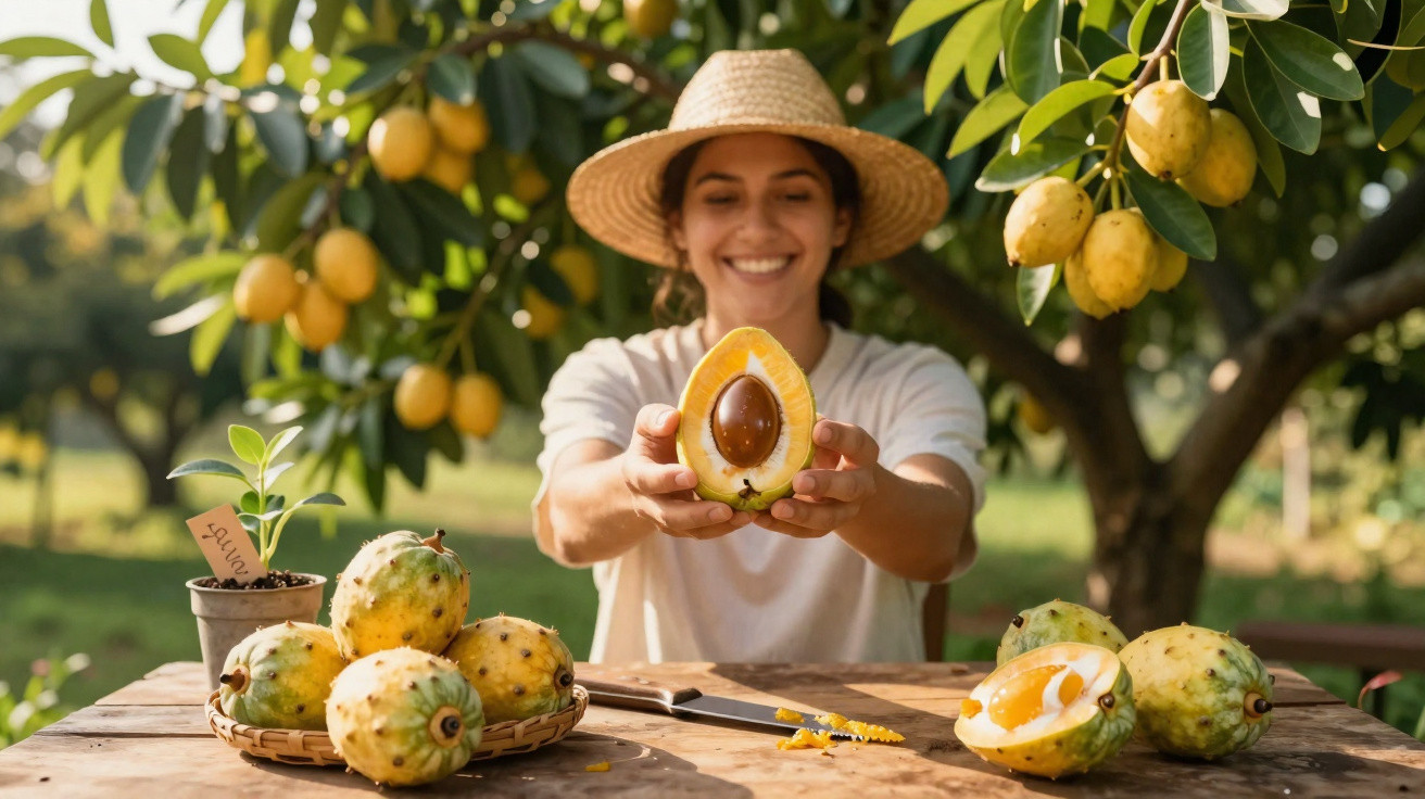 Mulher sorridente com chapéu de palha mostrando um fruto amarelo cortado ao meio, à mesa com mais frutos.
