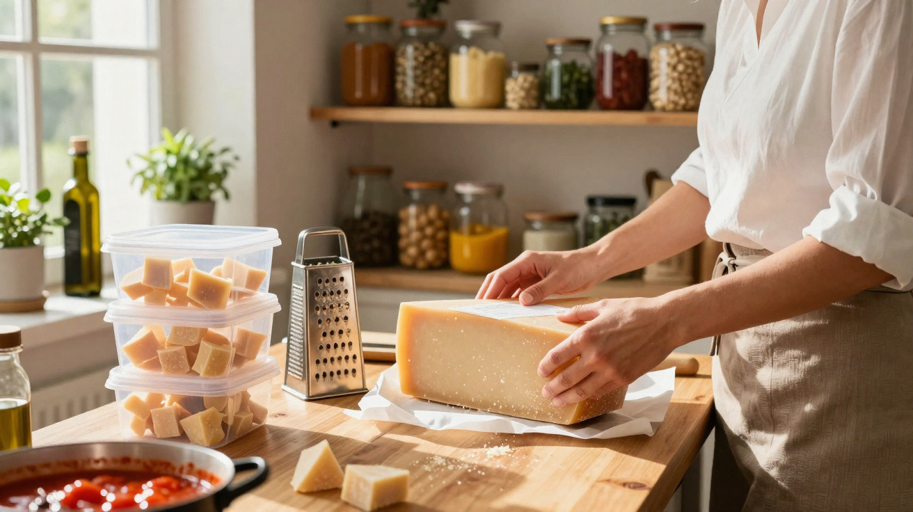 Pessoa a cortar um grande bloco de queijo numa cozinha com tábuas, ralador e recipientes com queijo em cubos.
