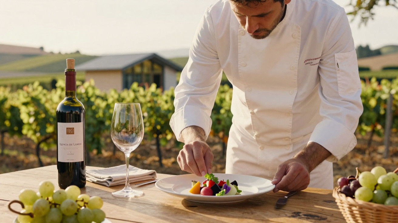 Chef a decorar prato com salada colorida numa mesa de madeira ao ar livre numa vinha.