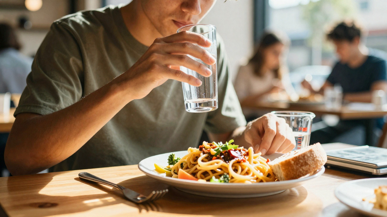 Pessoa a beber água enquanto se prepara para comer um prato de esparguete com legumes e pão num restaurante.