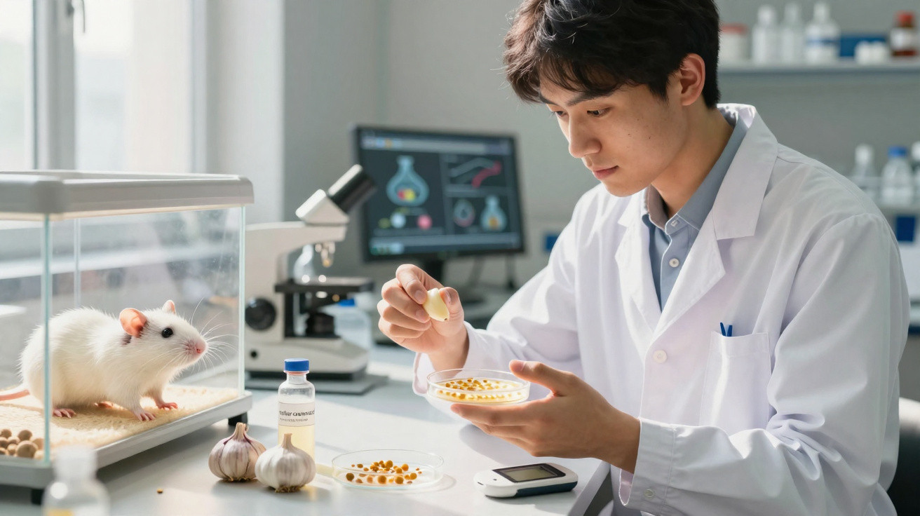 Cientista em laboratório com bata branca a preparar amostras para rato branco em viveiro.