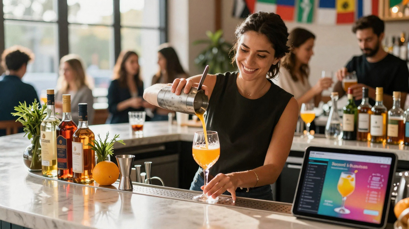 Bartender a servir cocktail laranja num copo, com garrafas e tablet num bar movimentado ao fundo.