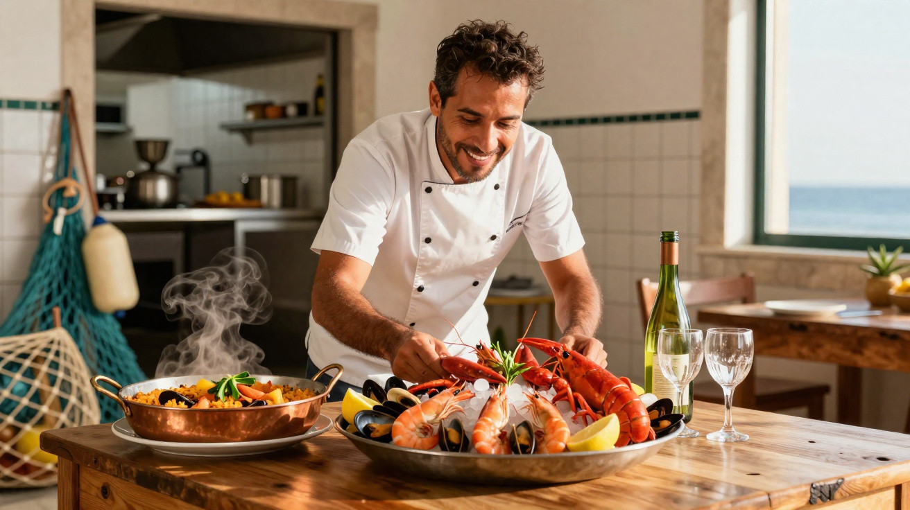 Chef sorridente a preparar um prato de marisco fresco numa cozinha com vista para o mar.