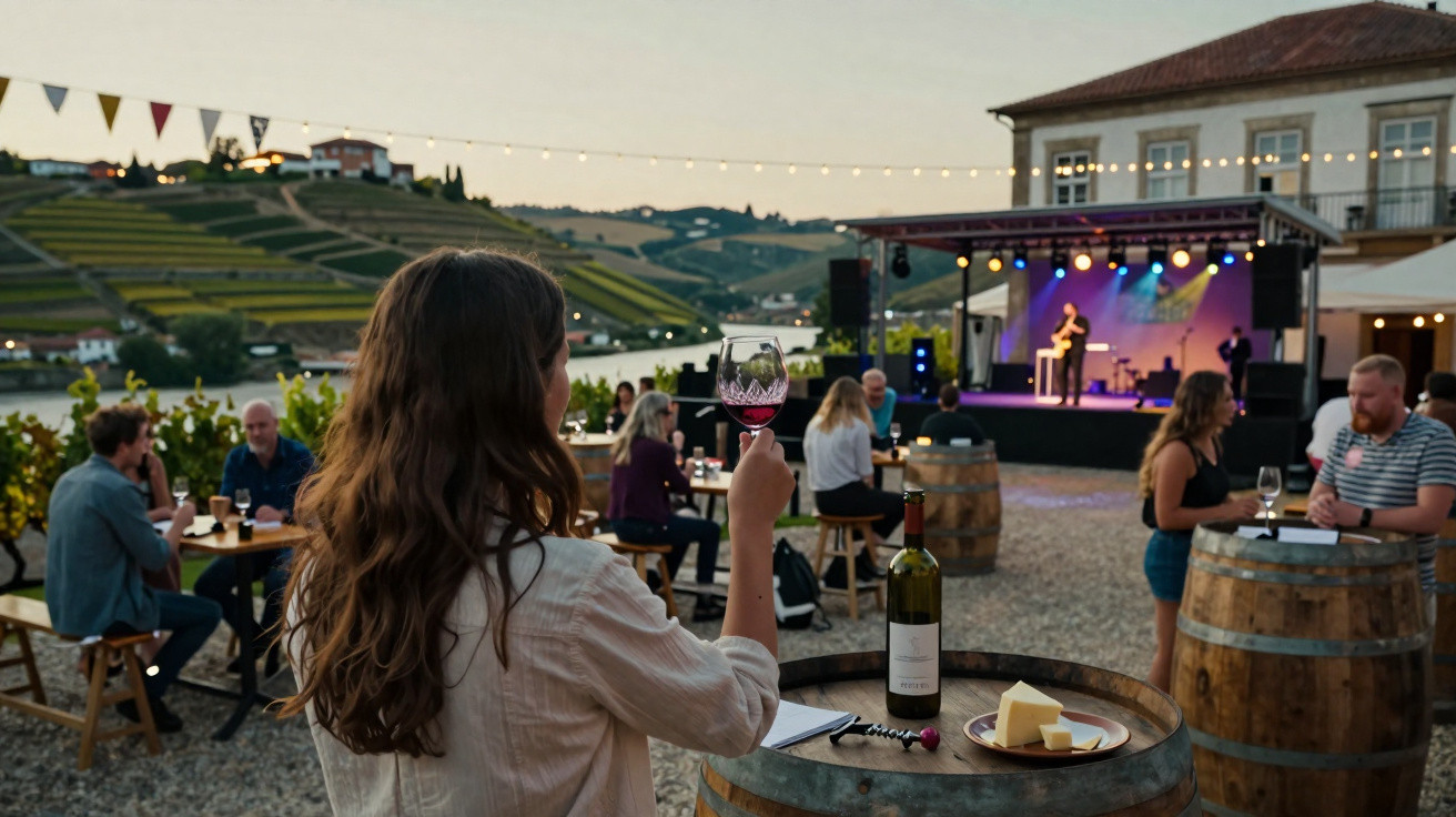 Pessoa a degustar vinho num evento ao ar livre com palco, mesas e paisagem de vinhas ao entardecer.