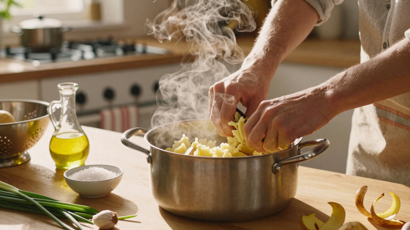 Pessoa a colocar batatas cortadas numa panela a ferver numa cozinha iluminada.