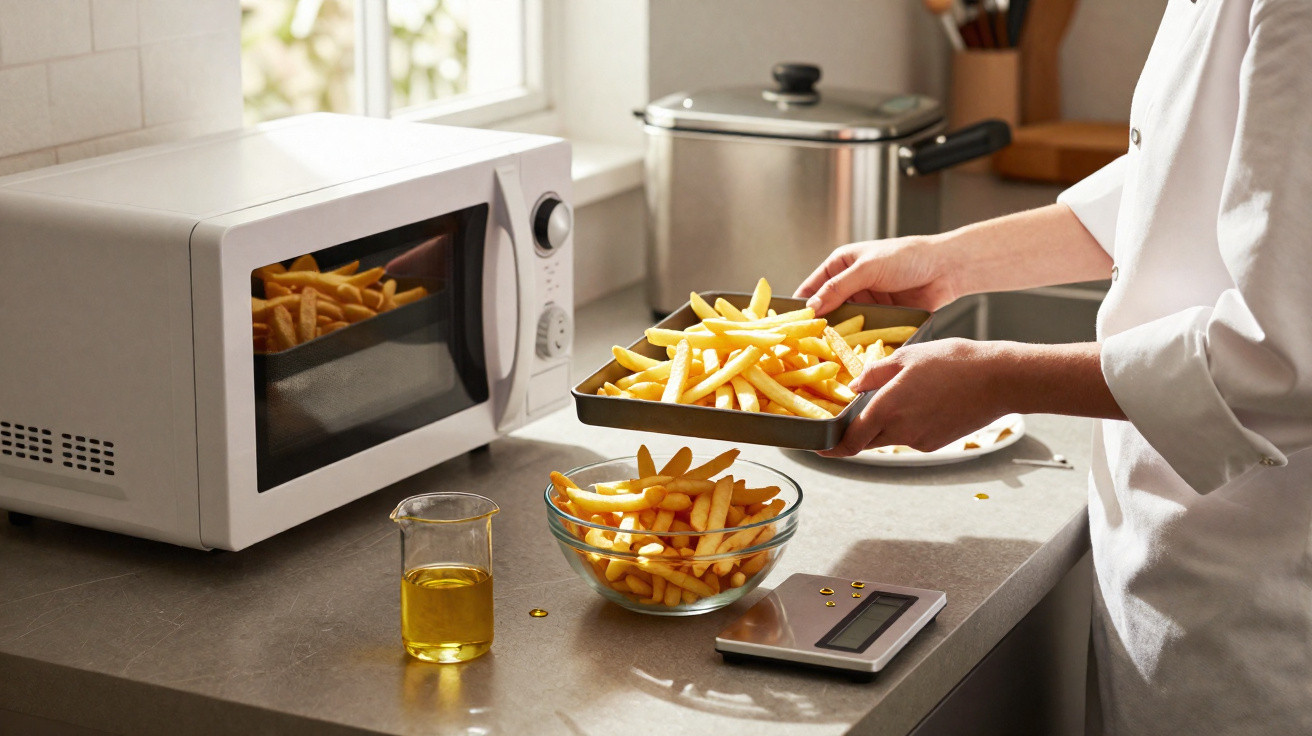 Pessoa a retirar batatas fritas do forno e a colocá-las numa taça de vidro numa cozinha.