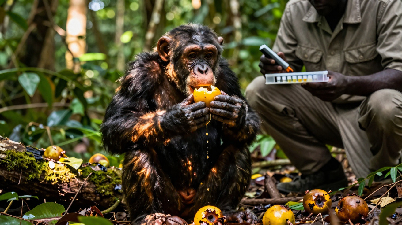 Chimpanzé a comer fruta na floresta, com uma pessoa a fazer anotações ao fundo.