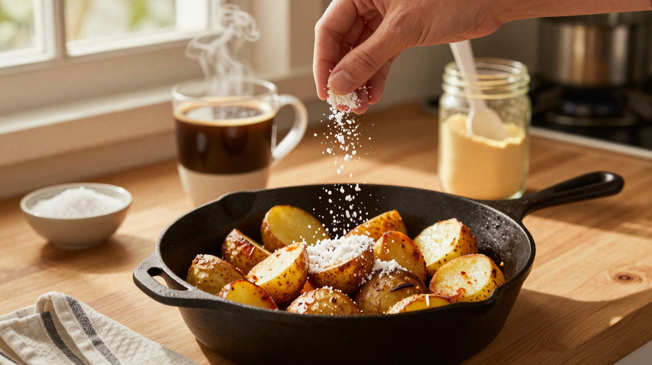 Mão a polvilhar sal sobre batatas assadas numa frigideira negra numa cozinha iluminada pela luz natural.