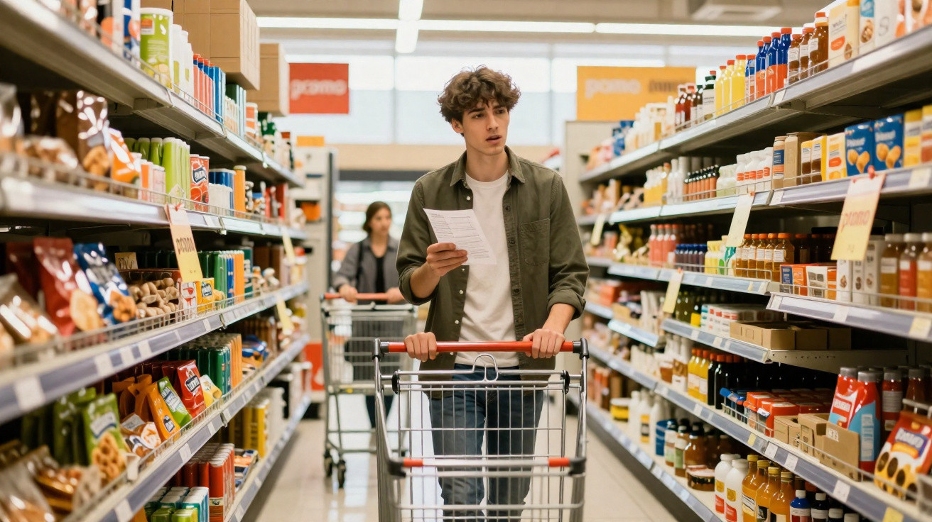 Jovem com lista de compras no corredor de supermercado rodeado por prateleiras com diversos produtos.