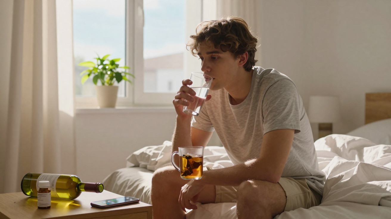 Jovem sentado na cama a beber água, com chá e medicamentos numa mesa próxima, num quarto iluminado.