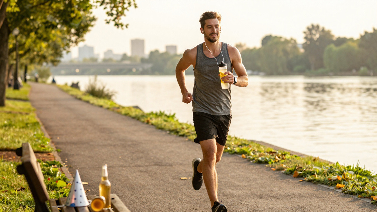 Homem a correr com roupa desportiva junto a um rio em dia de sol, segurando garrafa de água e a ouvir música.