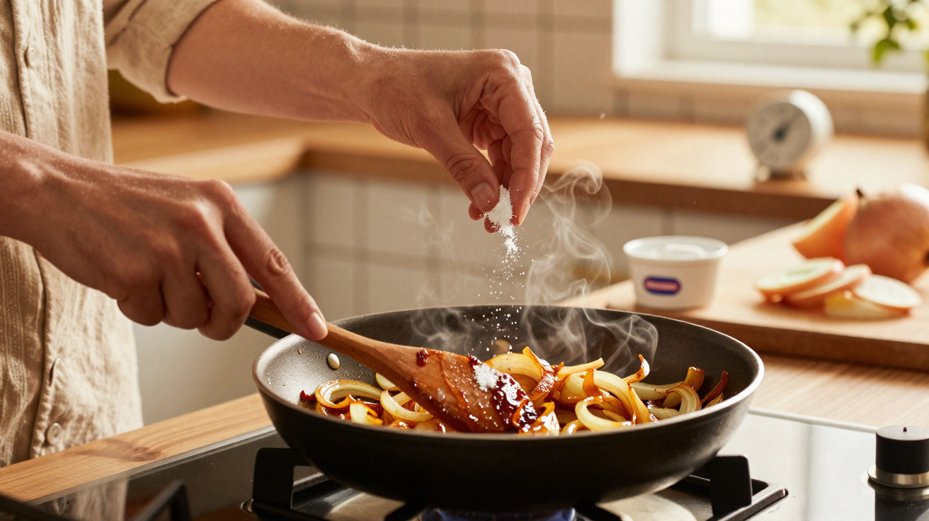 Pessoa a temperar cebolas a cozinhar numa frigideira numa cozinha iluminada.