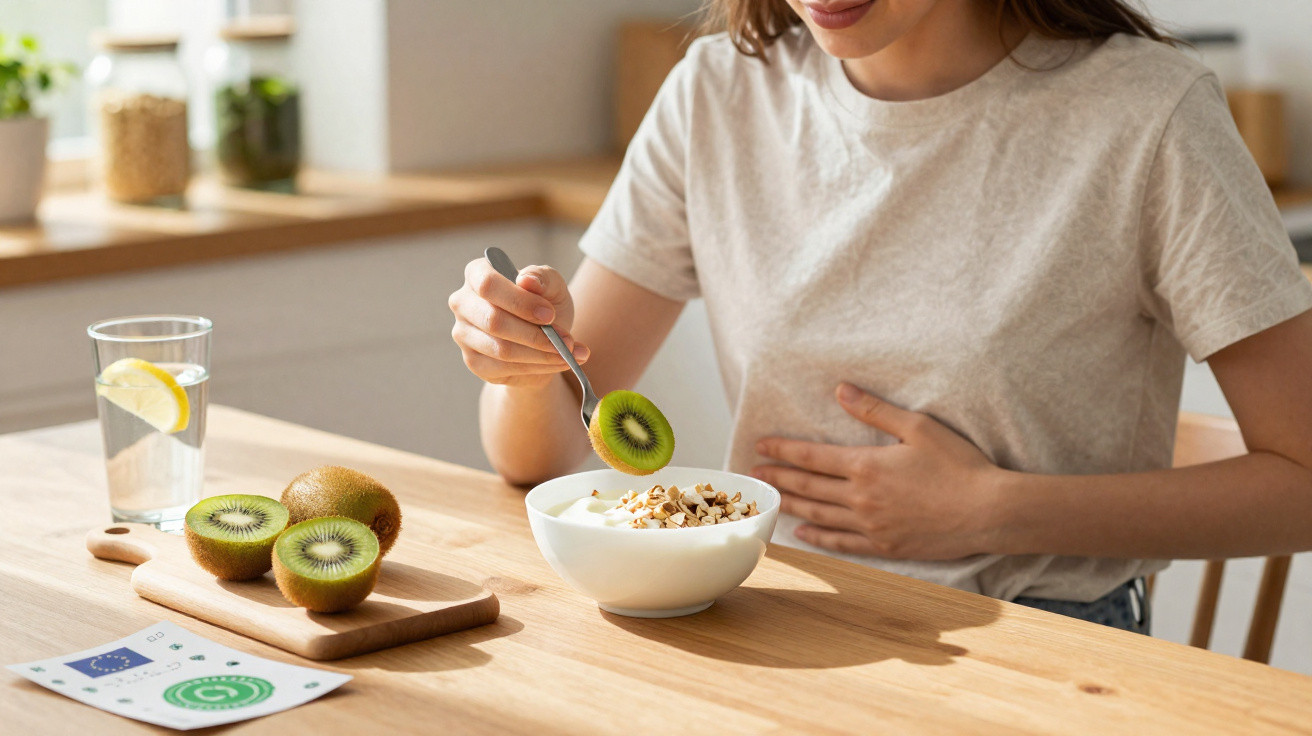 Mulher sentada à mesa com iogurte, kiwi e granola, segurando a barriga com expressão de desconforto.