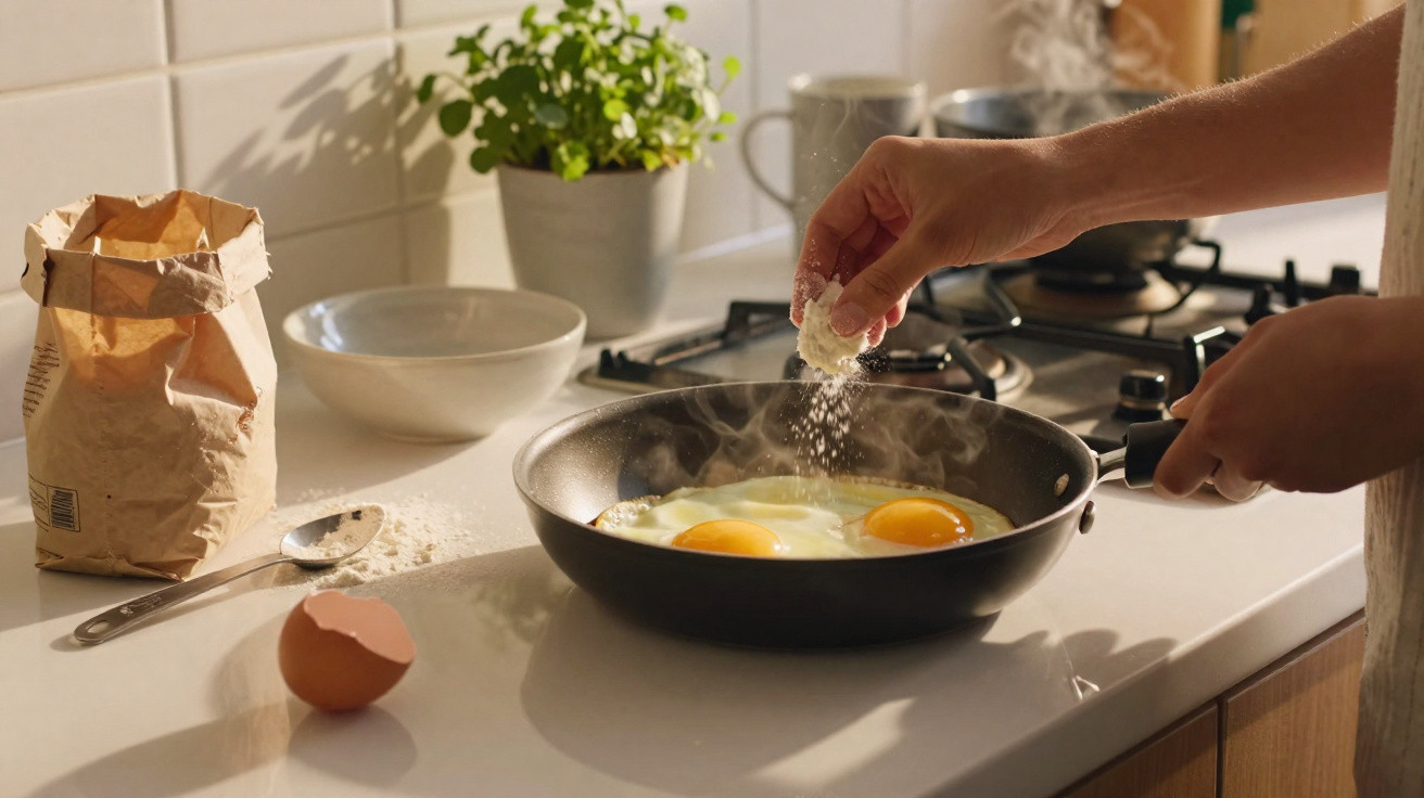 Mãos a temperar ovos a fritar numa frigideira na cozinha com utensílios e ingredientes ao redor.
