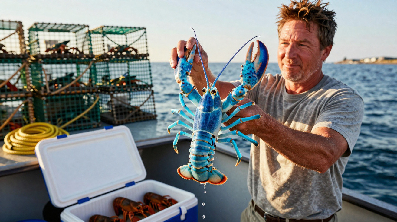 Homem segura lagosta azul fresca num barco com armadilhas e cooler de lagostas ao fundo no mar.