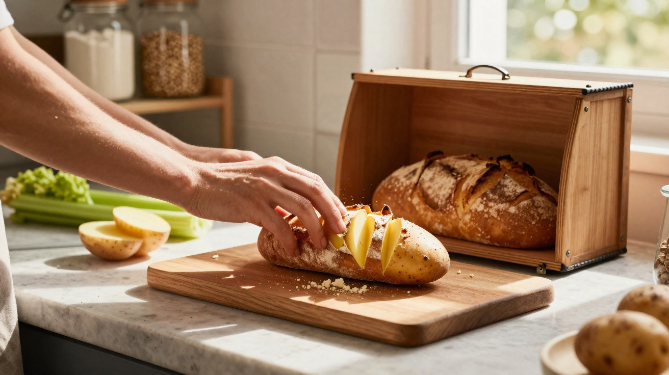 Mão a colocar fatias de batata num pão numa tábua de madeira numa cozinha com luz natural.