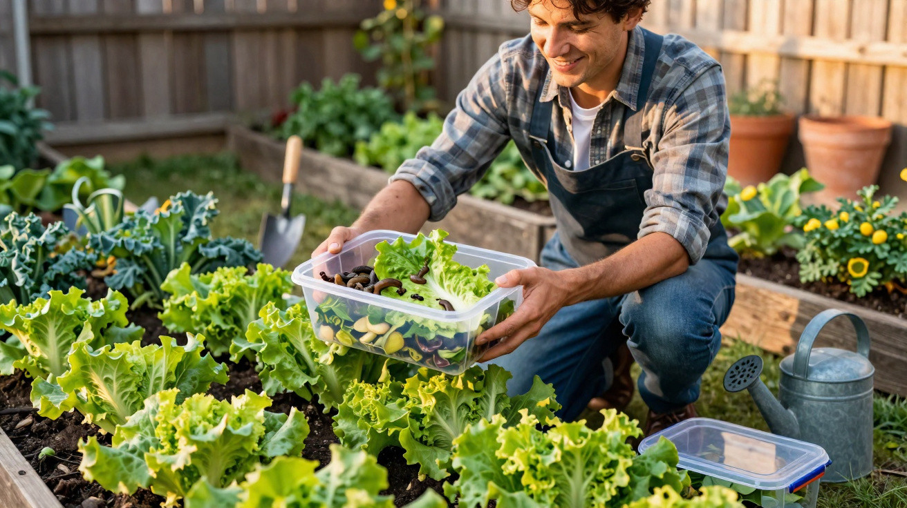 Homem sorridente a colher folhas verdes e legumes numa horta caseira urbana durante o dia.