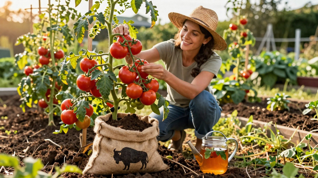 Mulher com chapéu a colher tomates maduros numa horta com regador ao lado em solo fértil.