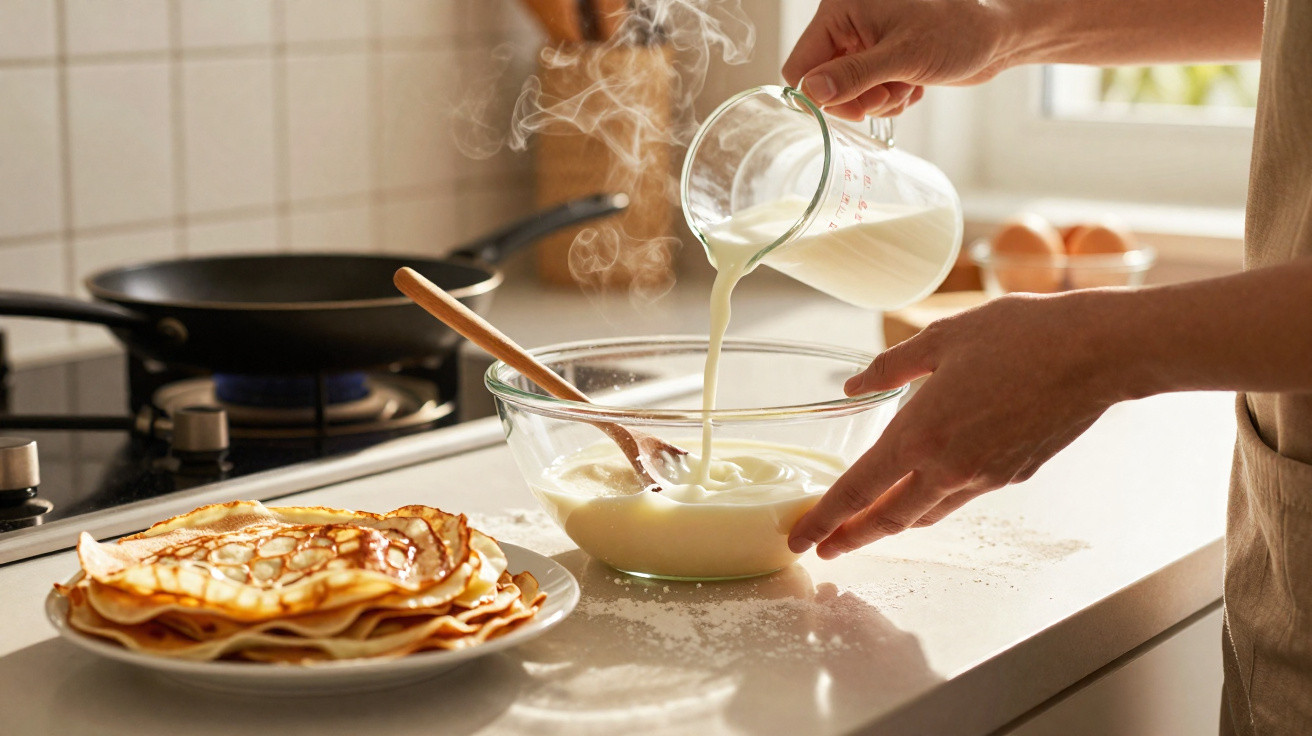 Pessoa a preparar massa para panquecas com leite num recipiente de vidro numa cozinha iluminada.