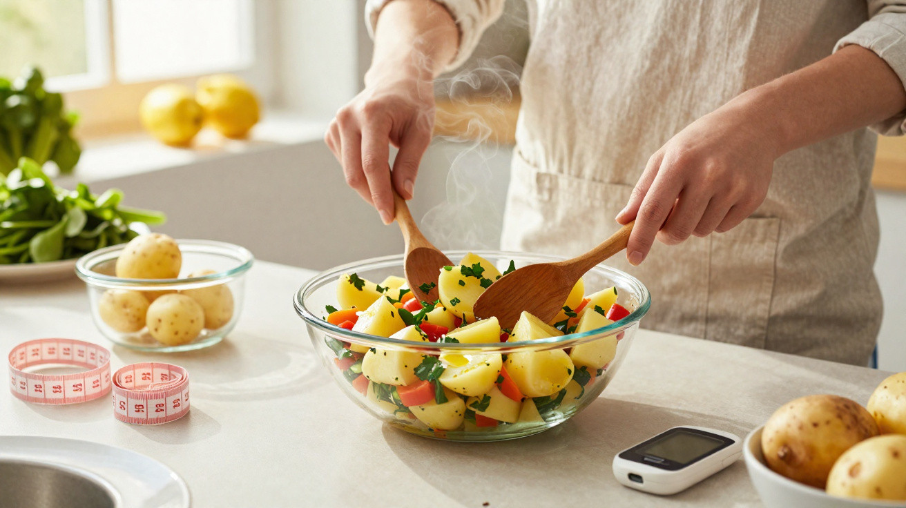 Pessoa a preparar salada de batata e legumes numa taça de vidro numa cozinha iluminada.