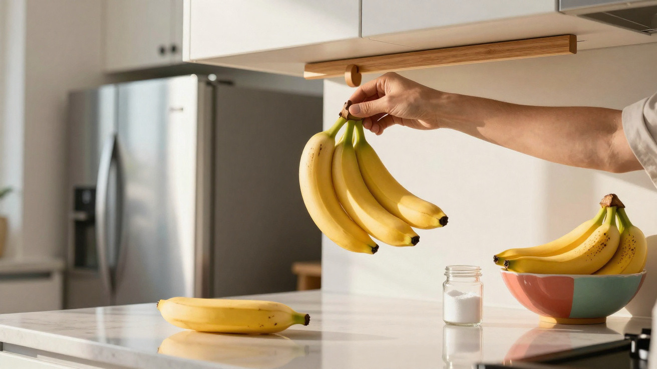Pessoa segura cacho de bananas numa cozinha com bancada branca, tigela com bananas e frasco de açúcar.