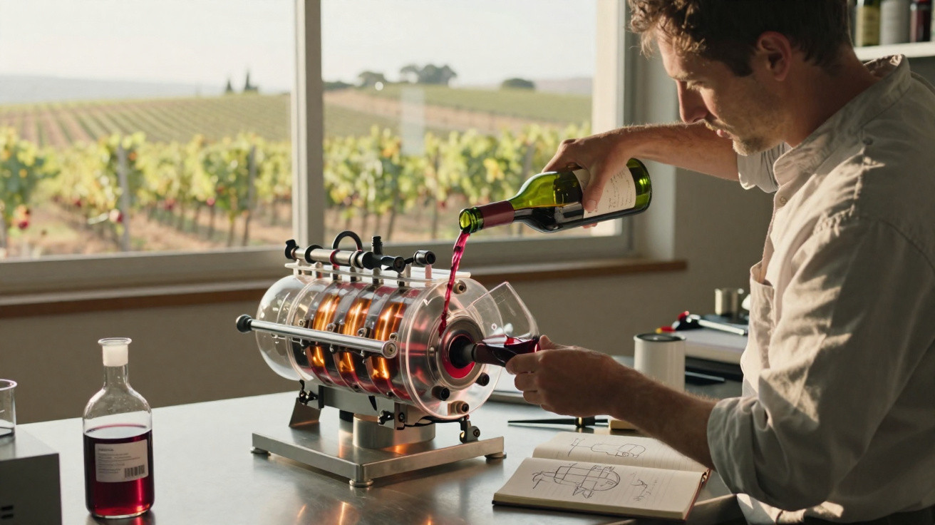 Homem a verter vinho tinto numa máquina de envelhecimento de vinho numa adega com vinhedos ao fundo.